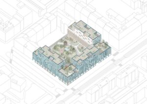 Axonometrie Residence Vysočany v Praze a Projekt pražského bytového domu